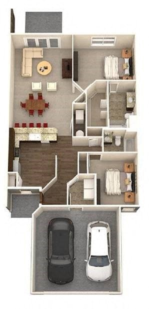 Floor plan for 2 beds, 2 baths, 1370 sqft